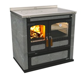 Rizzoli L90 Rustic Wood Cook Stove - Soapstone-Black Door, Right Flue, Multi Ring, Front Rail Rizzoli L90 Rustic Wood Cook Stove - Soapstone-Black Door, Right Flue, Multi Ring, Front Rail