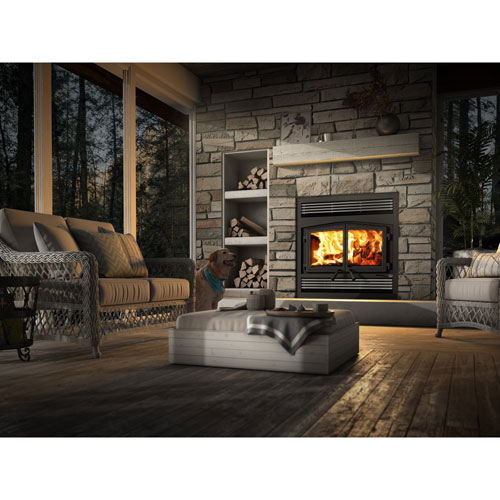 Osburn-Stratford-Fireplace-Traditional-Faceplate-Brushed-Nickel-Trim-Black-Doors Osburn Stratford Zero Clearance Fireplace - Discontinued