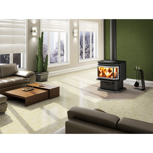 Osburn-2200-Pedestal-Black-Door-Brushed-Nickel-Top 2200 Osburn Bay Window Wood Stove - Discontinued